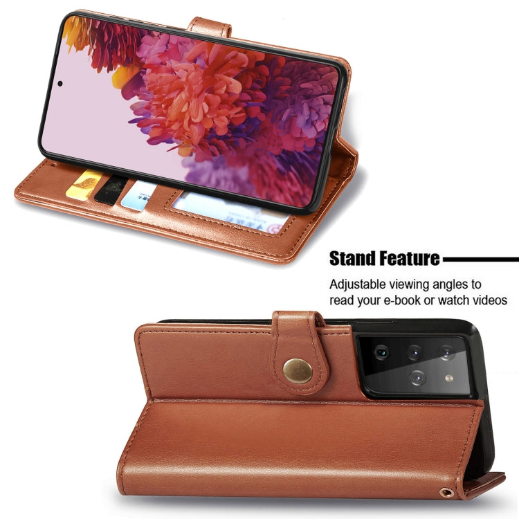 For Samsung Galaxy S21 Ultra 5G Retro Solid Color Leather Buckle Phone Case with Lanyard & Photo Frame & Card Slot & Wallet & Stand Function