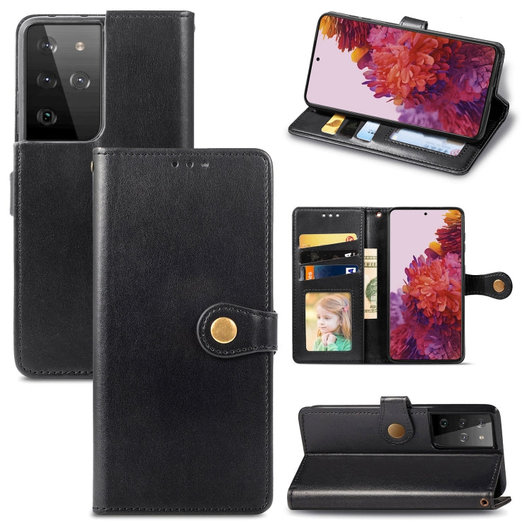 For Samsung Galaxy S21 Ultra 5G Retro Solid Color Leather Buckle Phone Case with Lanyard & Photo Frame & Card Slot & Wallet & Stand Function