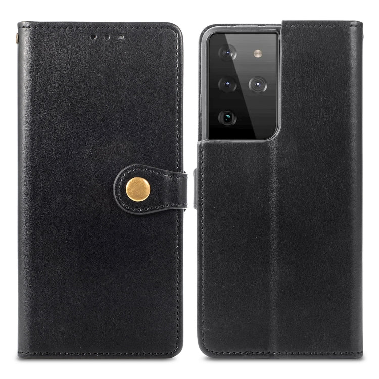 For Samsung Galaxy S21 Ultra 5G Retro Solid Color Leather Buckle Phone Case with Lanyard & Photo Frame & Card Slot & Wallet & Stand Function