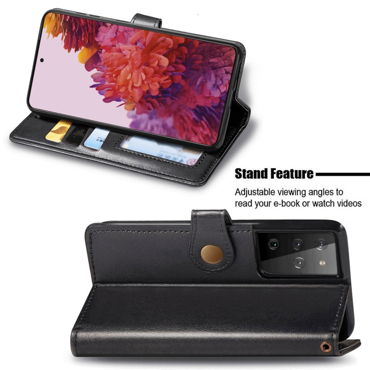 For Samsung Galaxy S21 Ultra 5G Retro Solid Color Leather Buckle Phone Case with Lanyard & Photo Frame & Card Slot & Wallet & Stand Function
