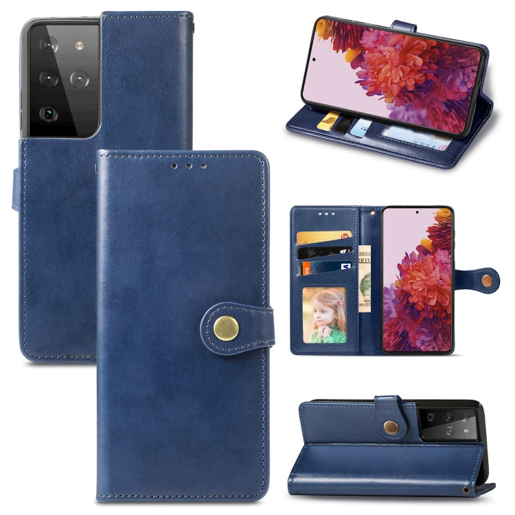 For Samsung Galaxy S21 Ultra 5G Retro Solid Color Leather Buckle Phone Case with Lanyard & Photo Frame & Card Slot & Wallet & Stand Function