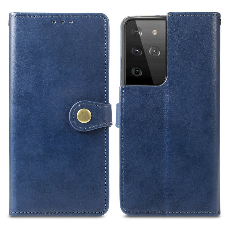 For Samsung Galaxy S21 Ultra 5G Retro Solid Color Leather Buckle Phone Case with Lanyard & Photo Frame & Card Slot & Wallet & Stand Function