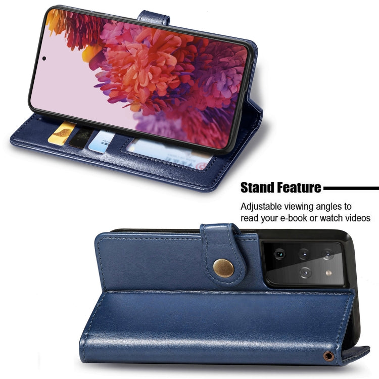 For Samsung Galaxy S21 Ultra 5G Retro Solid Color Leather Buckle Phone Case with Lanyard & Photo Frame & Card Slot & Wallet & Stand Function