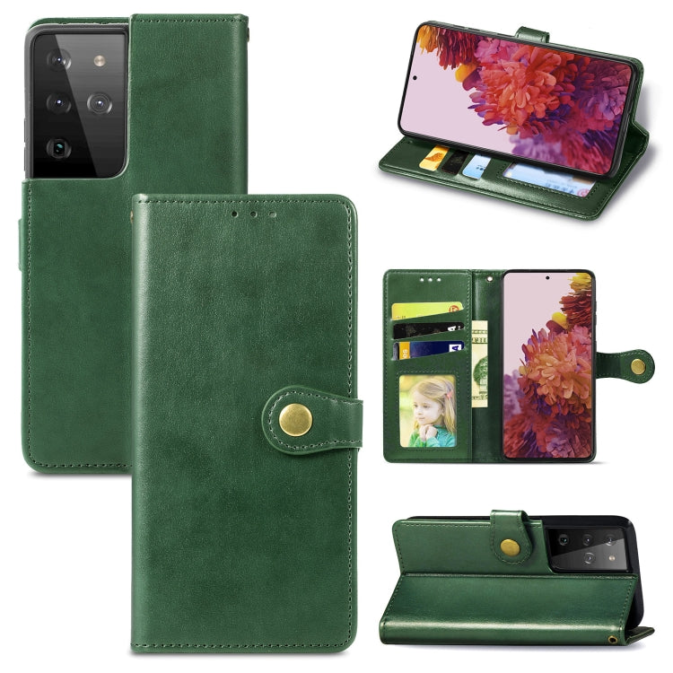 For Samsung Galaxy S21 Ultra 5G Retro Solid Color Leather Buckle Phone Case with Lanyard & Photo Frame & Card Slot & Wallet & Stand Function