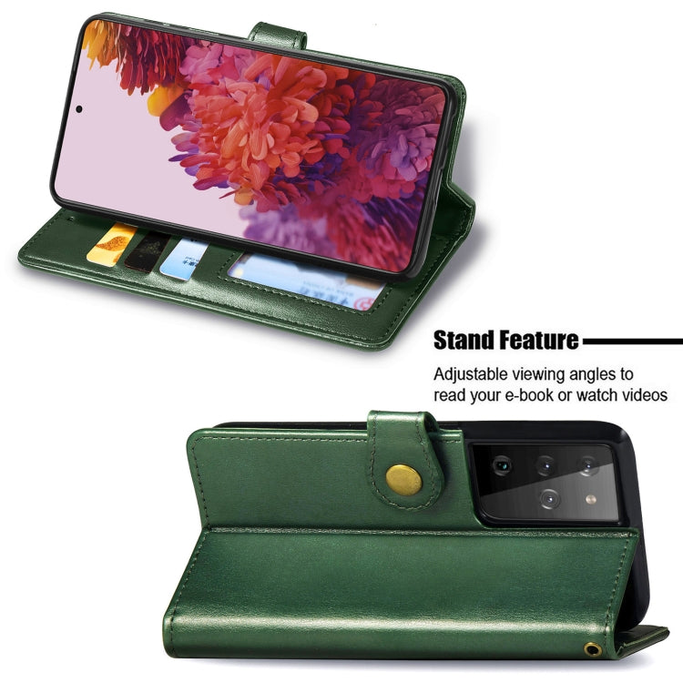 For Samsung Galaxy S21 Ultra 5G Retro Solid Color Leather Buckle Phone Case with Lanyard & Photo Frame & Card Slot & Wallet & Stand Function