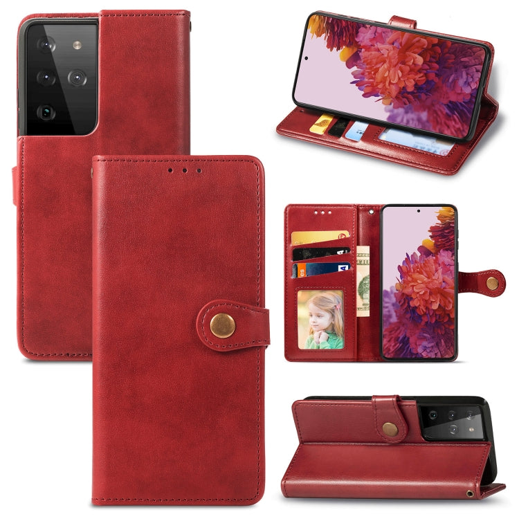 For Samsung Galaxy S21 Ultra 5G Retro Solid Color Leather Buckle Phone Case with Lanyard & Photo Frame & Card Slot & Wallet & Stand Function