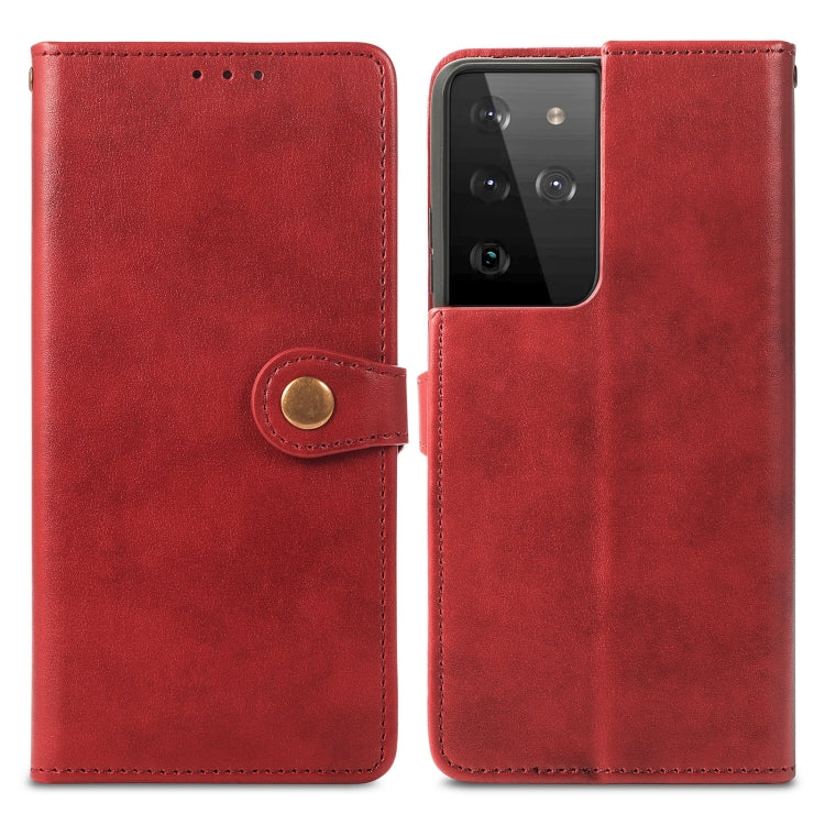 For Samsung Galaxy S21 Ultra 5G Retro Solid Color Leather Buckle Phone Case with Lanyard & Photo Frame & Card Slot & Wallet & Stand Function