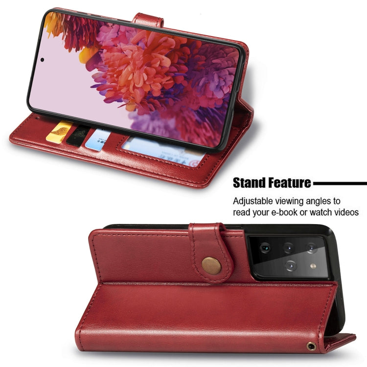 For Samsung Galaxy S21 Ultra 5G Retro Solid Color Leather Buckle Phone Case with Lanyard & Photo Frame & Card Slot & Wallet & Stand Function