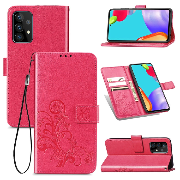 For Samsung Galaxy A72 5G / 4G Four-leaf Clasp Embossed Buckle Mobile Phone Protection Leather Case with Lanyard & Card Slot & Wallet & Bracket Function