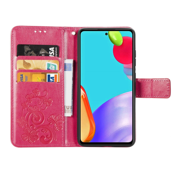 For Samsung Galaxy A72 5G / 4G Four-leaf Clasp Embossed Buckle Mobile Phone Protection Leather Case with Lanyard & Card Slot & Wallet & Bracket Function