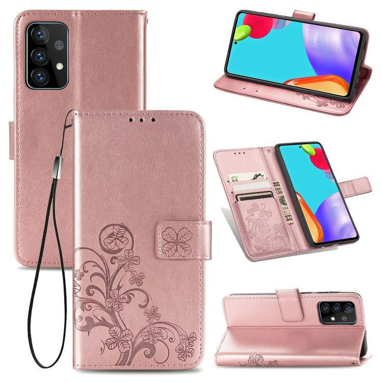 For Samsung Galaxy A72 5G / 4G Four-leaf Clasp Embossed Buckle Mobile Phone Protection Leather Case with Lanyard & Card Slot & Wallet & Bracket Function