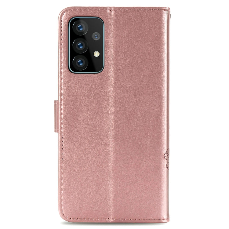 For Samsung Galaxy A72 5G / 4G Four-leaf Clasp Embossed Buckle Mobile Phone Protection Leather Case with Lanyard & Card Slot & Wallet & Bracket Function