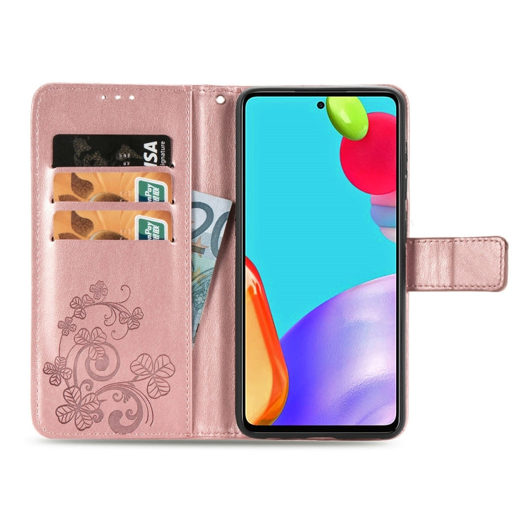 For Samsung Galaxy A72 5G / 4G Four-leaf Clasp Embossed Buckle Mobile Phone Protection Leather Case with Lanyard & Card Slot & Wallet & Bracket Function