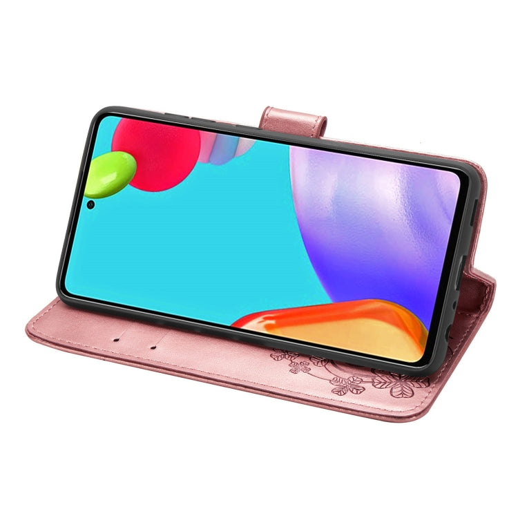 For Samsung Galaxy A72 5G / 4G Four-leaf Clasp Embossed Buckle Mobile Phone Protection Leather Case with Lanyard & Card Slot & Wallet & Bracket Function