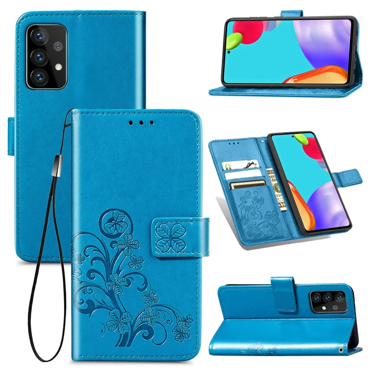 For Samsung Galaxy A72 5G / 4G Four-leaf Clasp Embossed Buckle Mobile Phone Protection Leather Case with Lanyard & Card Slot & Wallet & Bracket Function