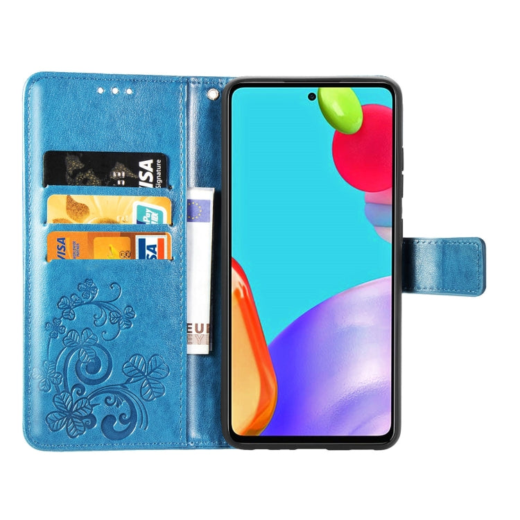For Samsung Galaxy A72 5G / 4G Four-leaf Clasp Embossed Buckle Mobile Phone Protection Leather Case with Lanyard & Card Slot & Wallet & Bracket Function
