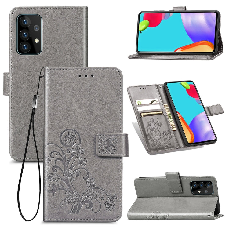 For Samsung Galaxy A72 5G / 4G Four-leaf Clasp Embossed Buckle Mobile Phone Protection Leather Case with Lanyard & Card Slot & Wallet & Bracket Function