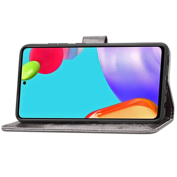 For Samsung Galaxy A72 5G / 4G Four-leaf Clasp Embossed Buckle Mobile Phone Protection Leather Case with Lanyard & Card Slot & Wallet & Bracket Function