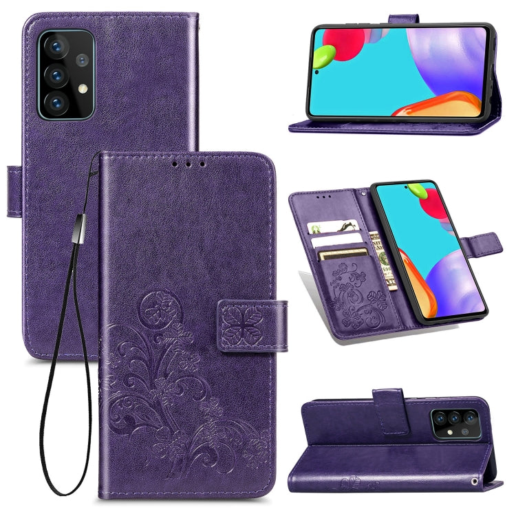 For Samsung Galaxy A72 5G / 4G Four-leaf Clasp Embossed Buckle Mobile Phone Protection Leather Case with Lanyard & Card Slot & Wallet & Bracket Function