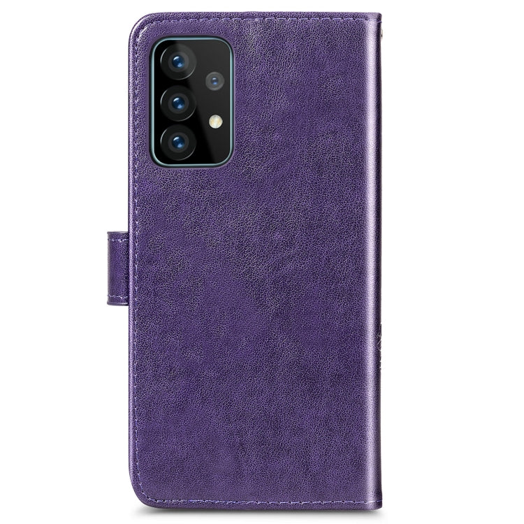 For Samsung Galaxy A72 5G / 4G Four-leaf Clasp Embossed Buckle Mobile Phone Protection Leather Case with Lanyard & Card Slot & Wallet & Bracket Function
