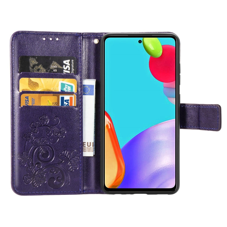 For Samsung Galaxy A72 5G / 4G Four-leaf Clasp Embossed Buckle Mobile Phone Protection Leather Case with Lanyard & Card Slot & Wallet & Bracket Function
