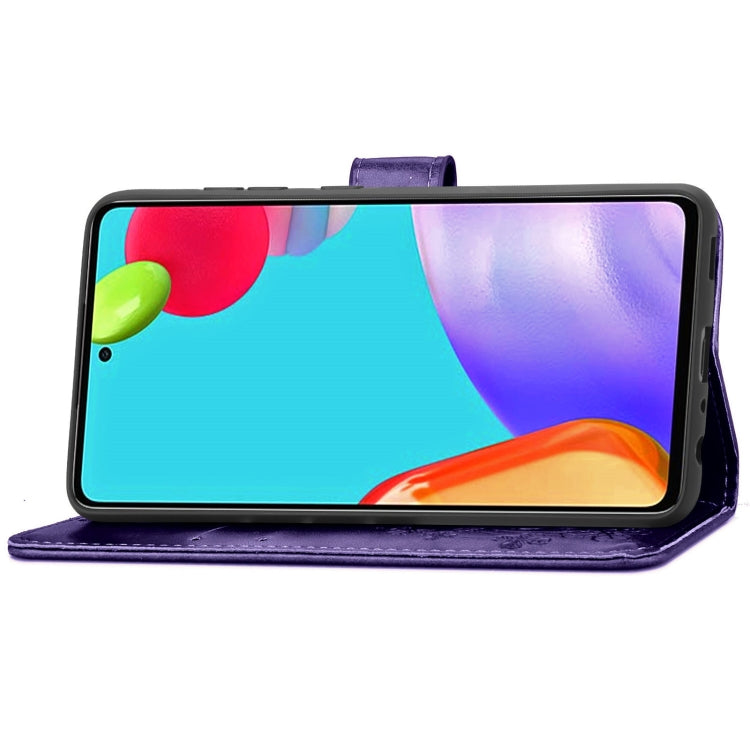 For Samsung Galaxy A72 5G / 4G Four-leaf Clasp Embossed Buckle Mobile Phone Protection Leather Case with Lanyard & Card Slot & Wallet & Bracket Function