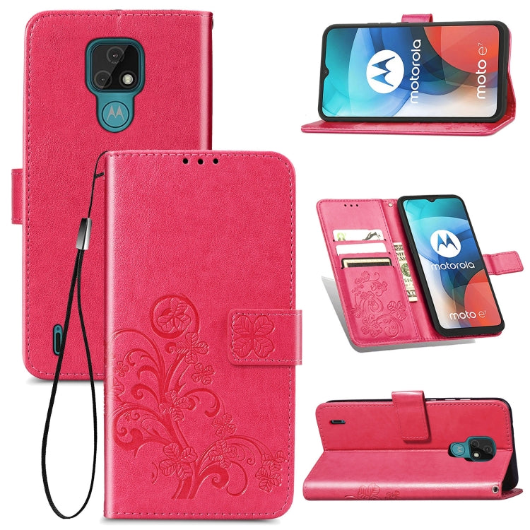 For Motorola MOTO E7 Four-leaf Clasp Embossed Buckle Mobile Phone Protection Leather Case with Lanyard & Card Slot & Wallet & Bracket Function