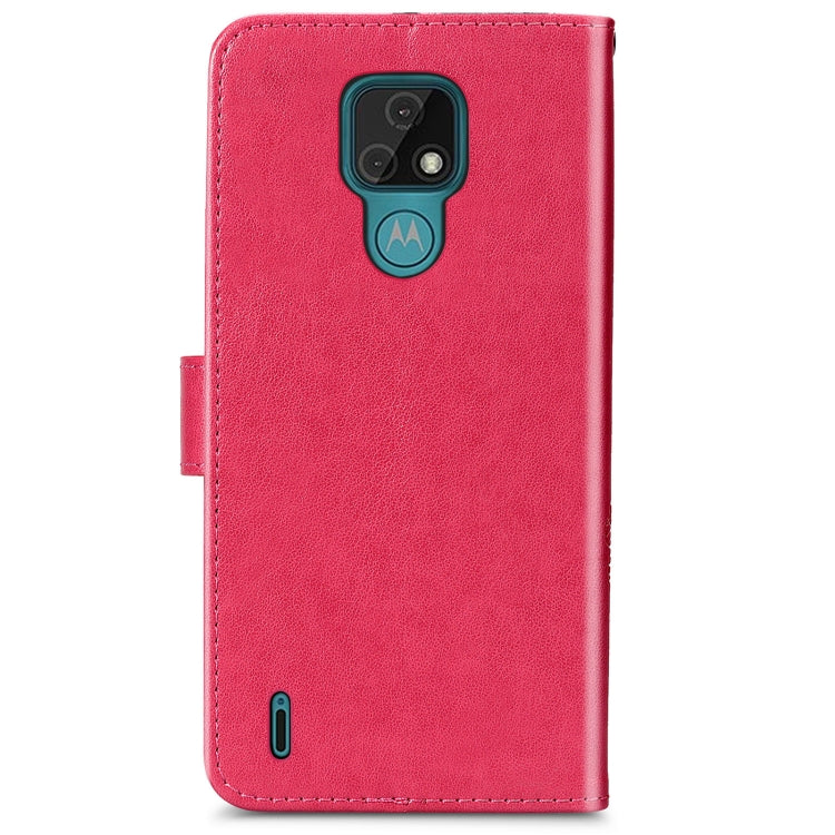 For Motorola MOTO E7 Four-leaf Clasp Embossed Buckle Mobile Phone Protection Leather Case with Lanyard & Card Slot & Wallet & Bracket Function