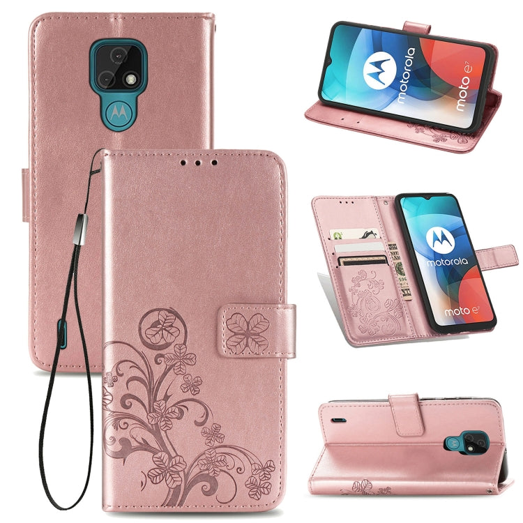 For Motorola MOTO E7 Four-leaf Clasp Embossed Buckle Mobile Phone Protection Leather Case with Lanyard & Card Slot & Wallet & Bracket Function