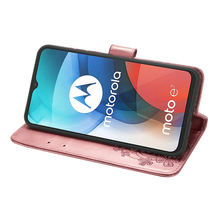 For Motorola MOTO E7 Four-leaf Clasp Embossed Buckle Mobile Phone Protection Leather Case with Lanyard & Card Slot & Wallet & Bracket Function