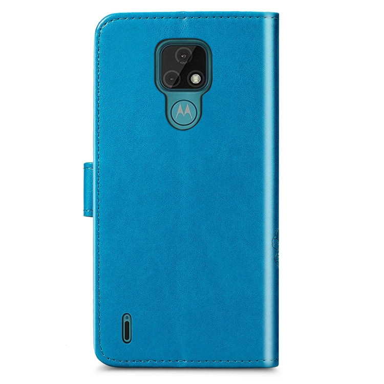For Motorola MOTO E7 Four-leaf Clasp Embossed Buckle Mobile Phone Protection Leather Case with Lanyard & Card Slot & Wallet & Bracket Function