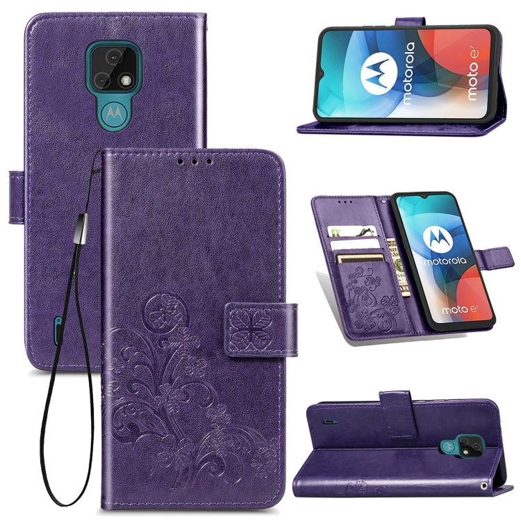 For Motorola MOTO E7 Four-leaf Clasp Embossed Buckle Mobile Phone Protection Leather Case with Lanyard & Card Slot & Wallet & Bracket Function
