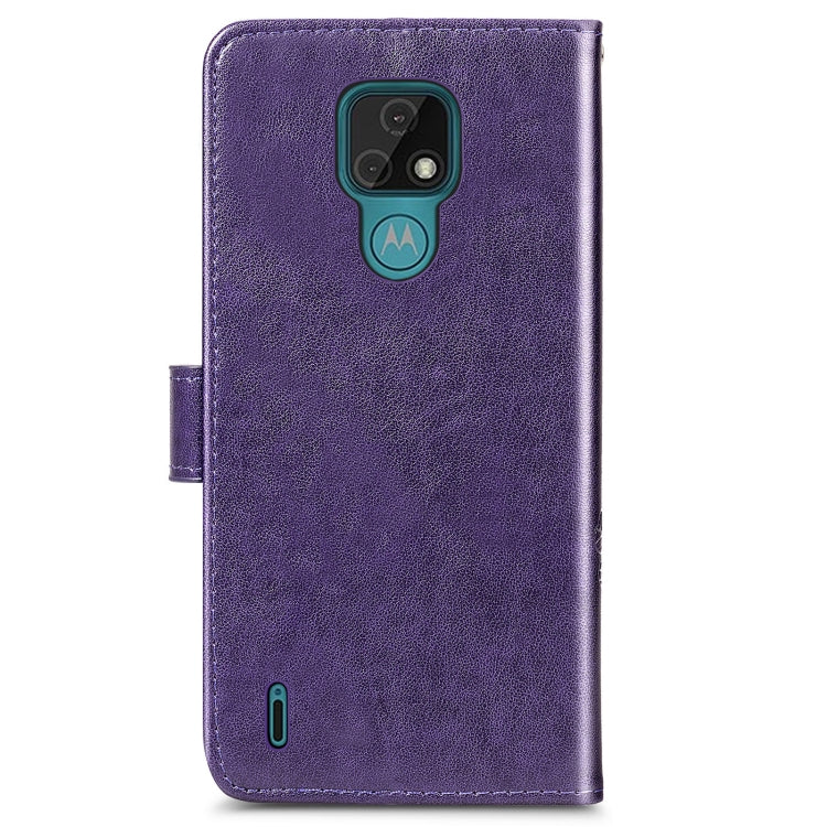 For Motorola MOTO E7 Four-leaf Clasp Embossed Buckle Mobile Phone Protection Leather Case with Lanyard & Card Slot & Wallet & Bracket Function