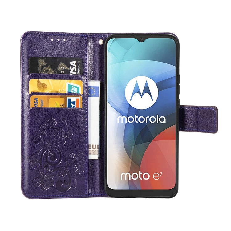 For Motorola MOTO E7 Four-leaf Clasp Embossed Buckle Mobile Phone Protection Leather Case with Lanyard & Card Slot & Wallet & Bracket Function