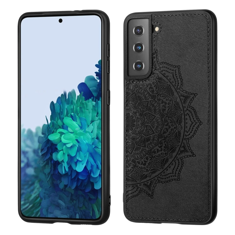 For Samsung Galaxy S21 5G Mandala Embossed Cloth Cover PC + TPU Mobile Phone Case with Magnetic Function and Hand Strap