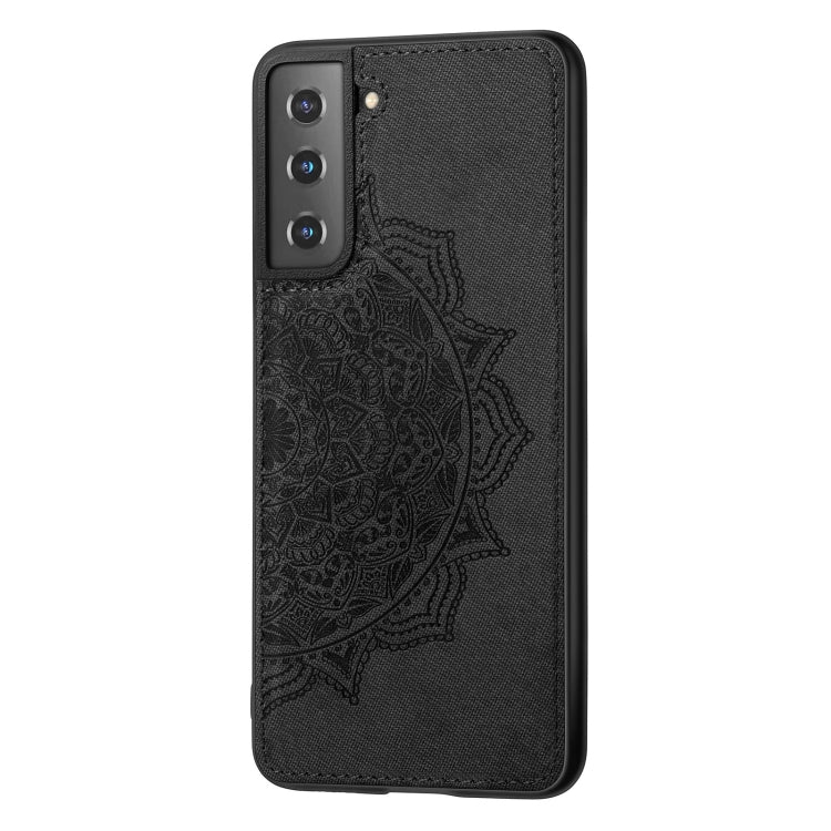 For Samsung Galaxy S21 5G Mandala Embossed Cloth Cover PC + TPU Mobile Phone Case with Magnetic Function and Hand Strap