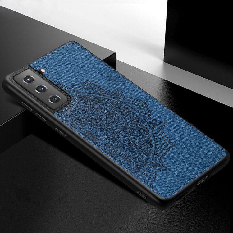 For Samsung Galaxy S21 5G Mandala Embossed Cloth Cover PC + TPU Mobile Phone Case with Magnetic Function and Hand Strap