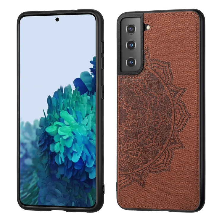 For Samsung Galaxy S21 5G Mandala Embossed Cloth Cover PC + TPU Mobile Phone Case with Magnetic Function and Hand Strap