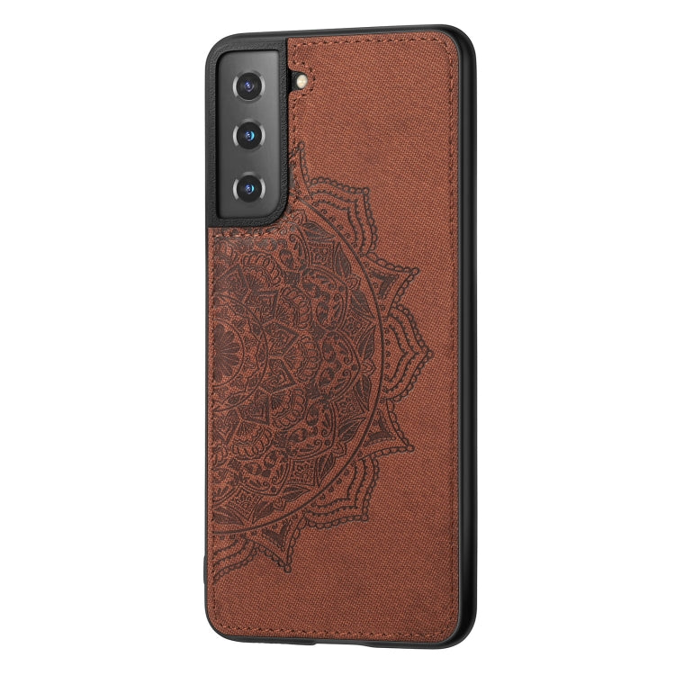 For Samsung Galaxy S21 5G Mandala Embossed Cloth Cover PC + TPU Mobile Phone Case with Magnetic Function and Hand Strap