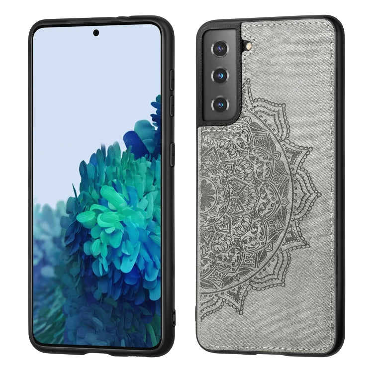 For Samsung Galaxy S21 5G Mandala Embossed Cloth Cover PC + TPU Mobile Phone Case with Magnetic Function and Hand Strap