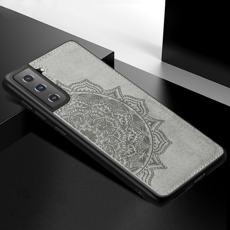 For Samsung Galaxy S21 5G Mandala Embossed Cloth Cover PC + TPU Mobile Phone Case with Magnetic Function and Hand Strap