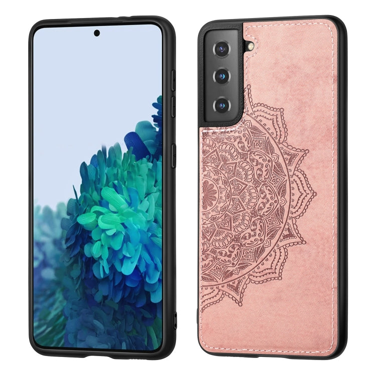 For Samsung Galaxy S21 Plus  5G Mandala Embossed Cloth Cover PC + TPU Mobile Phone Case with Magnetic Function and Hand Strap