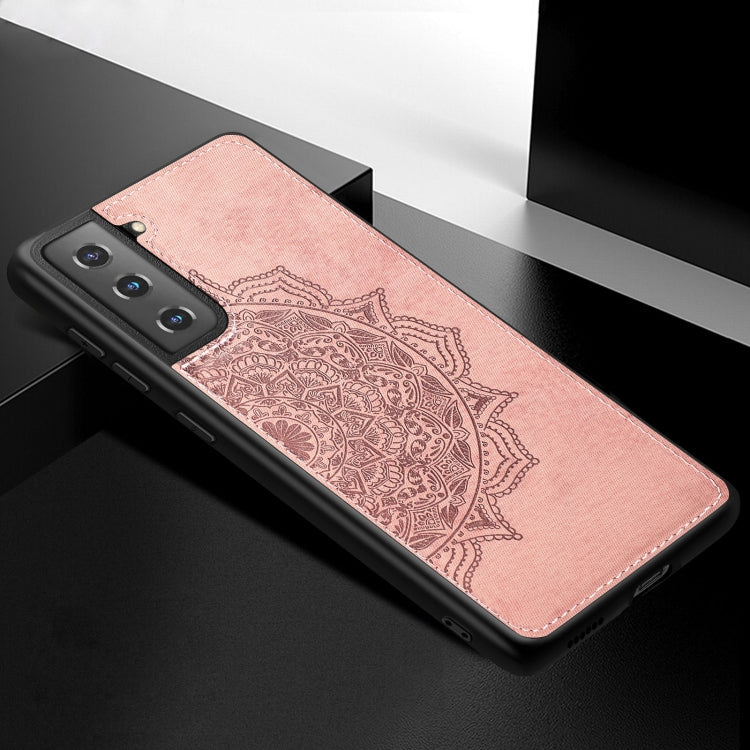 For Samsung Galaxy S21 Plus  5G Mandala Embossed Cloth Cover PC + TPU Mobile Phone Case with Magnetic Function and Hand Strap