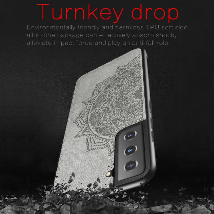 For Samsung Galaxy S21 Plus  5G Mandala Embossed Cloth Cover PC + TPU Mobile Phone Case with Magnetic Function and Hand Strap