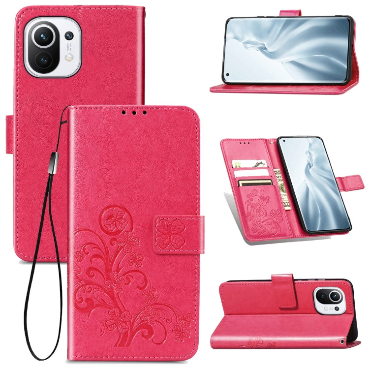 For Xiaomi Mi 11 Four-leaf Clasp Embossed Buckle Mobile Phone Protection Leather Case with Lanyard & Card Slot & Wallet & Bracket Function