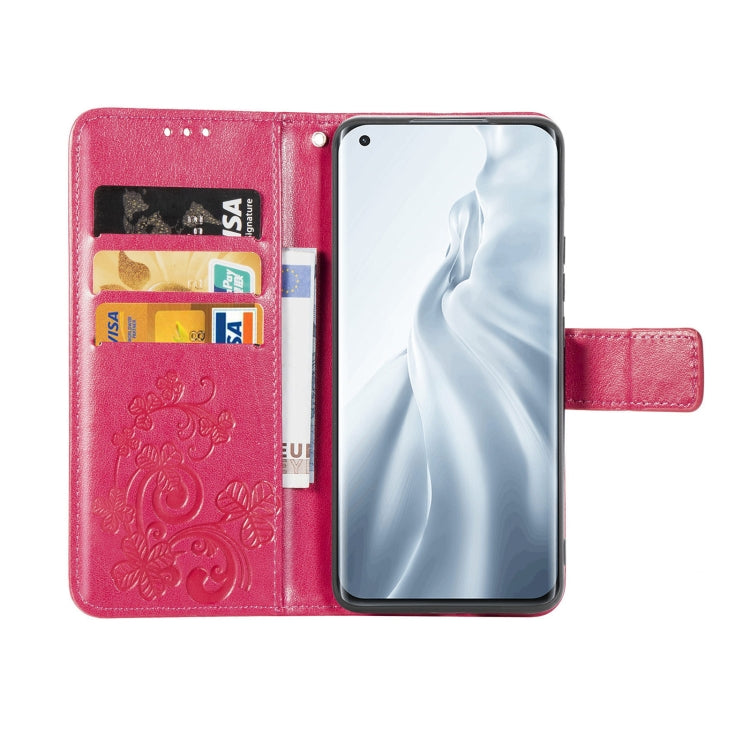 For Xiaomi Mi 11 Four-leaf Clasp Embossed Buckle Mobile Phone Protection Leather Case with Lanyard & Card Slot & Wallet & Bracket Function