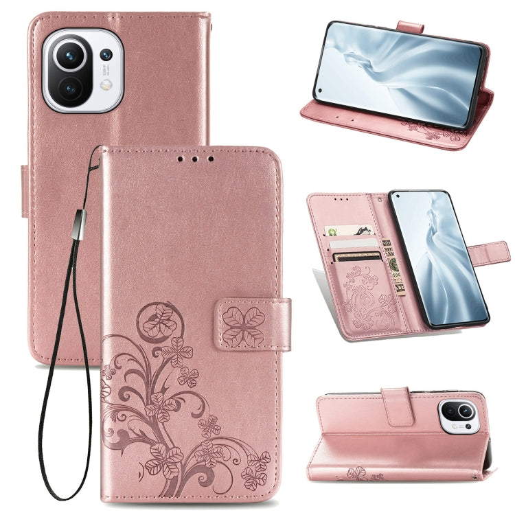 For Xiaomi Mi 11 Four-leaf Clasp Embossed Buckle Mobile Phone Protection Leather Case with Lanyard & Card Slot & Wallet & Bracket Function