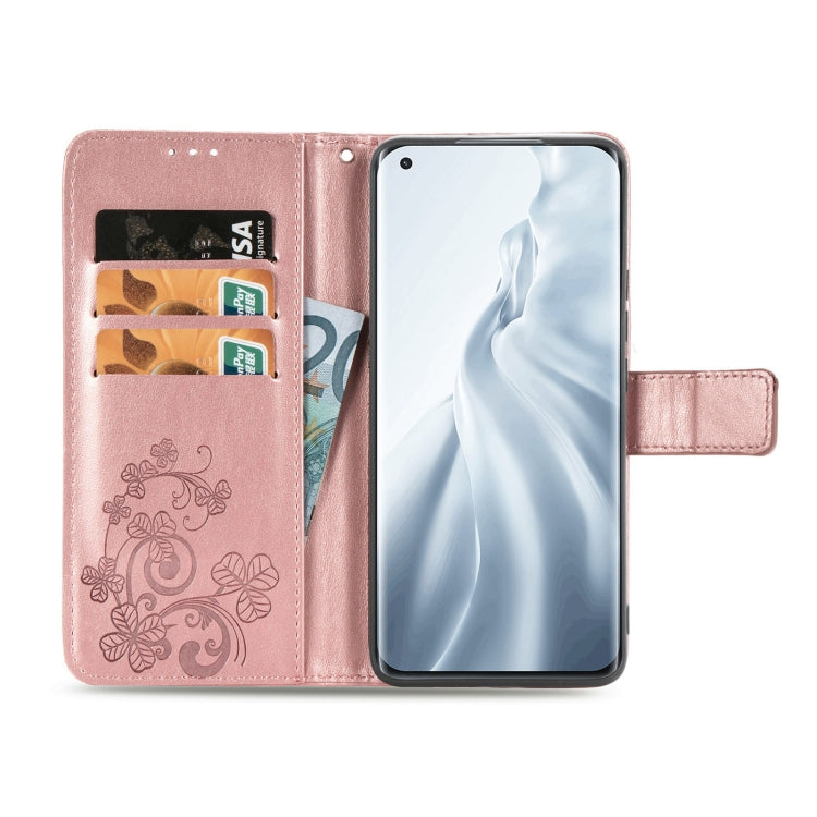 For Xiaomi Mi 11 Four-leaf Clasp Embossed Buckle Mobile Phone Protection Leather Case with Lanyard & Card Slot & Wallet & Bracket Function