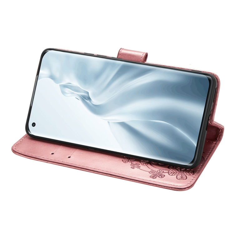 For Xiaomi Mi 11 Four-leaf Clasp Embossed Buckle Mobile Phone Protection Leather Case with Lanyard & Card Slot & Wallet & Bracket Function
