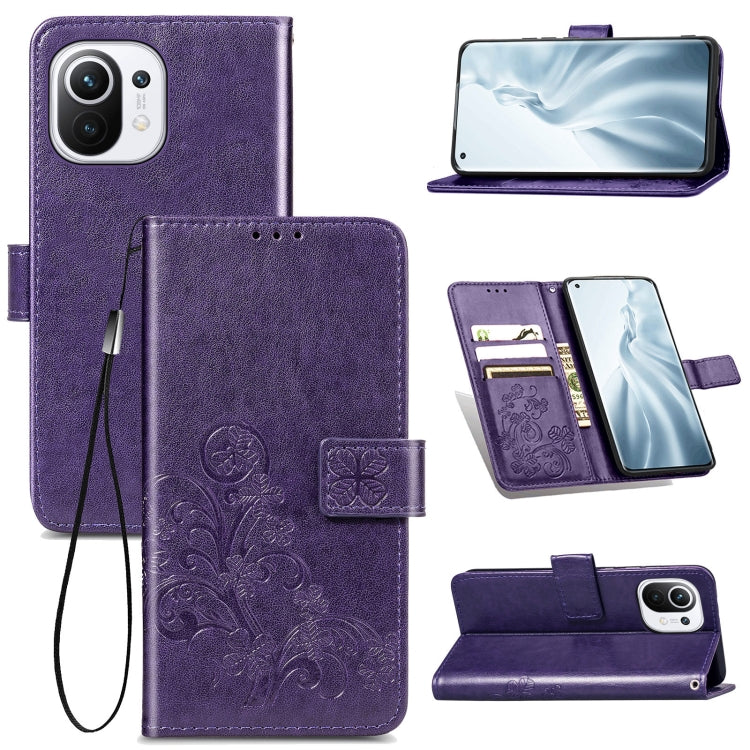 For Xiaomi Mi 11 Four-leaf Clasp Embossed Buckle Mobile Phone Protection Leather Case with Lanyard & Card Slot & Wallet & Bracket Function